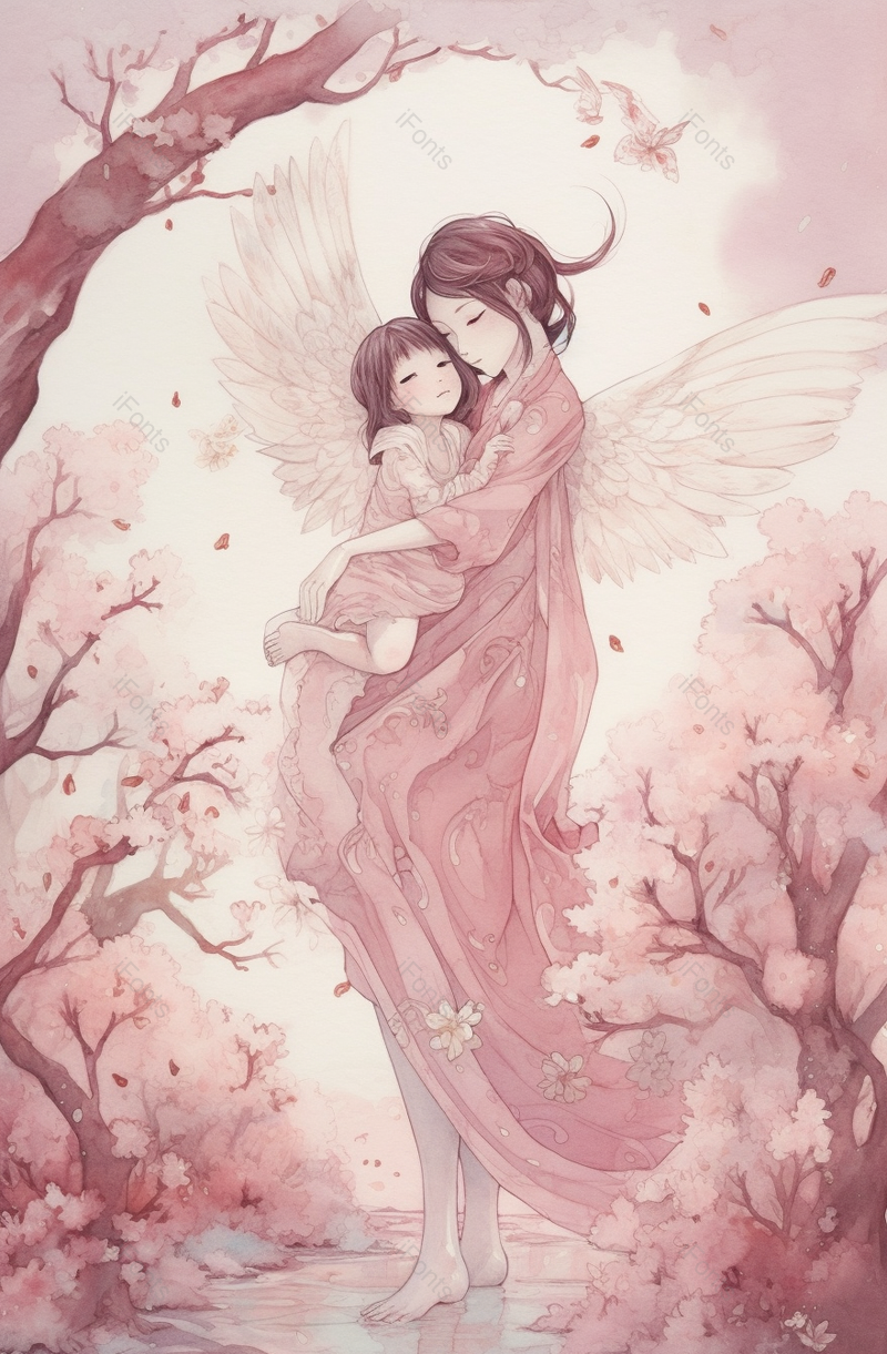 林中天使母亲怀抱孩子母亲节卡通手绘场景,插画/手绘图,插画/手绘图库,插画/手绘图下载,插画/手绘